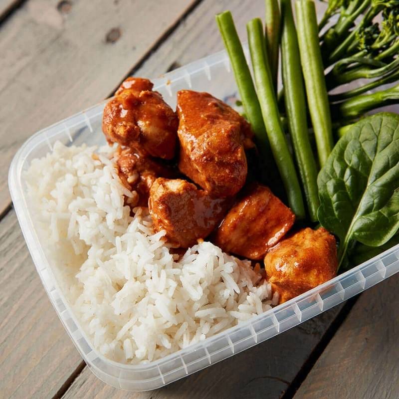 Fresh BBQ chicken served with steamed green beans, spinach, and fluffy white rice. A nutritious and flavorful Macro Based Diet meal prep option.