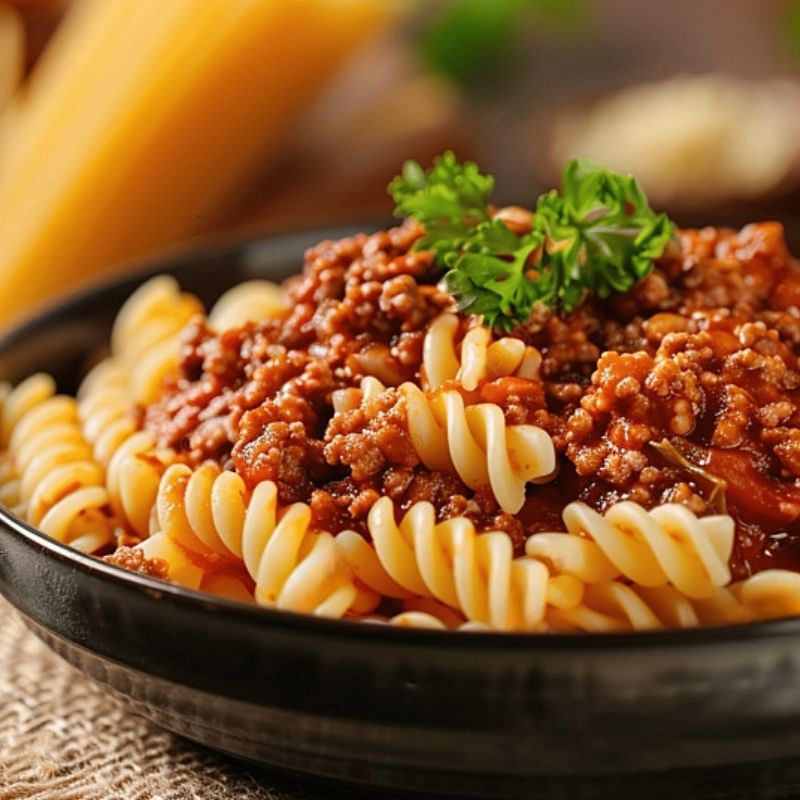 Fresh beef bolognese served over fusilli pasta. A healthy and delicious Macro Based Diet meal prep option for balanced nutrition