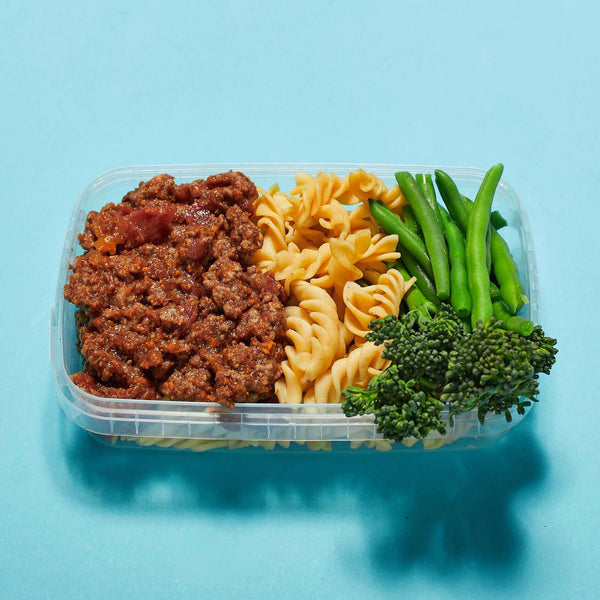 Fresh Beef Bolognese with Pasta and Vegetables, served by Macro Based Diet Healthy Meal Prep